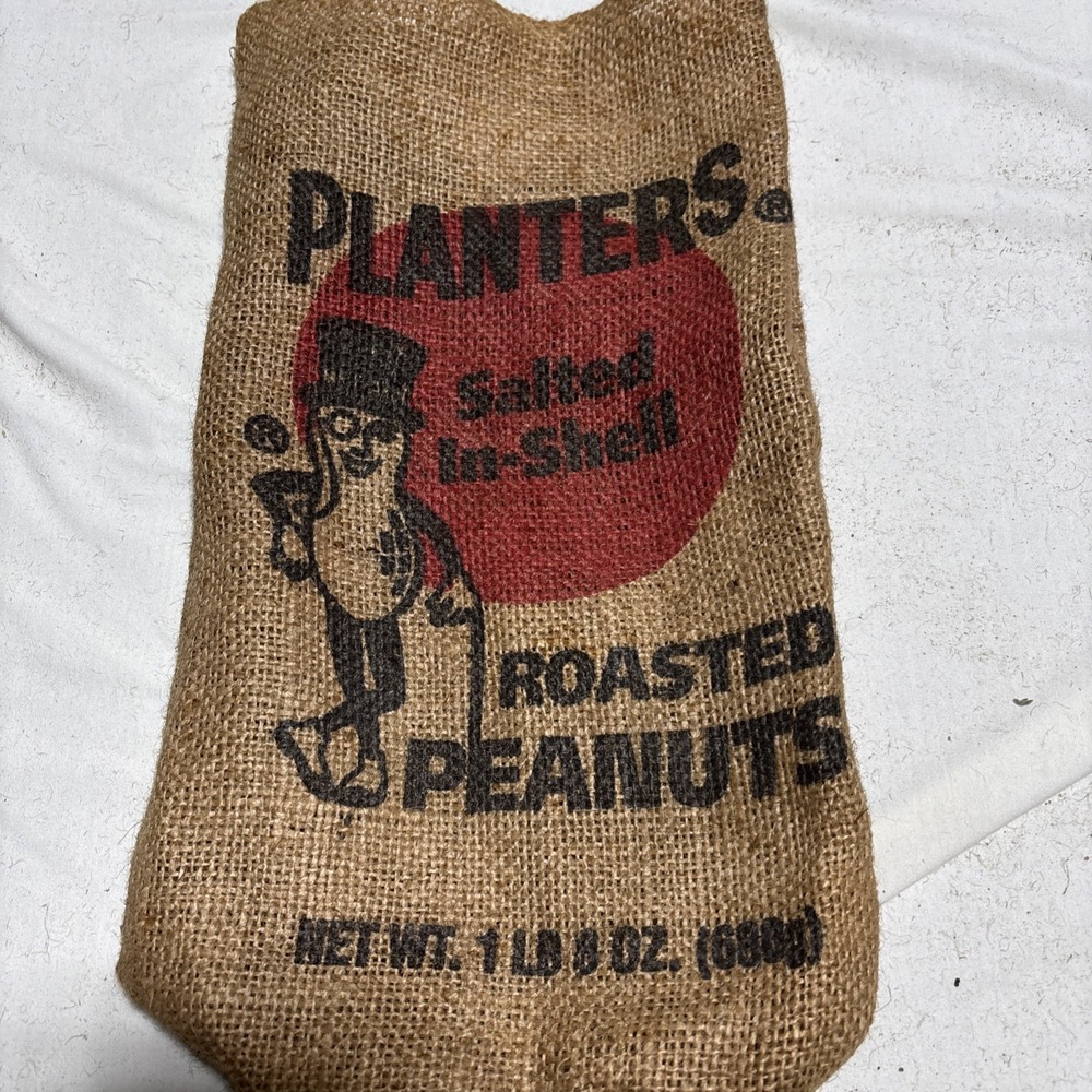 "Planters Salted-In-Shell Roasted Peanuts 1‎ LB 8 OZ" Mr Peanut Burlap Bag Sack